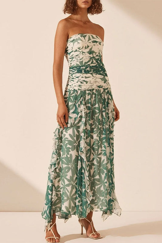 Printed Strapless Chiffon Boho Dress