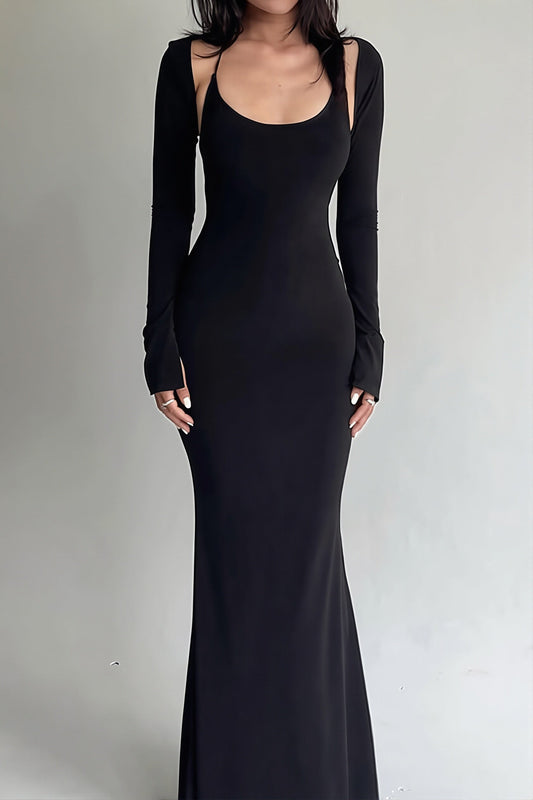 Open Back Overlay Sleeve Bodycon Maxi Dress