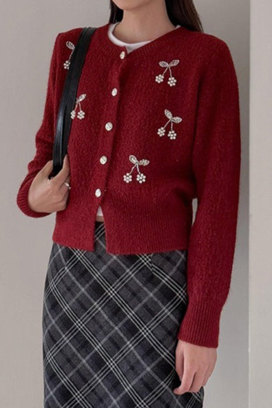 Embroidered 3D Cherry Knit Christmas Cardigan