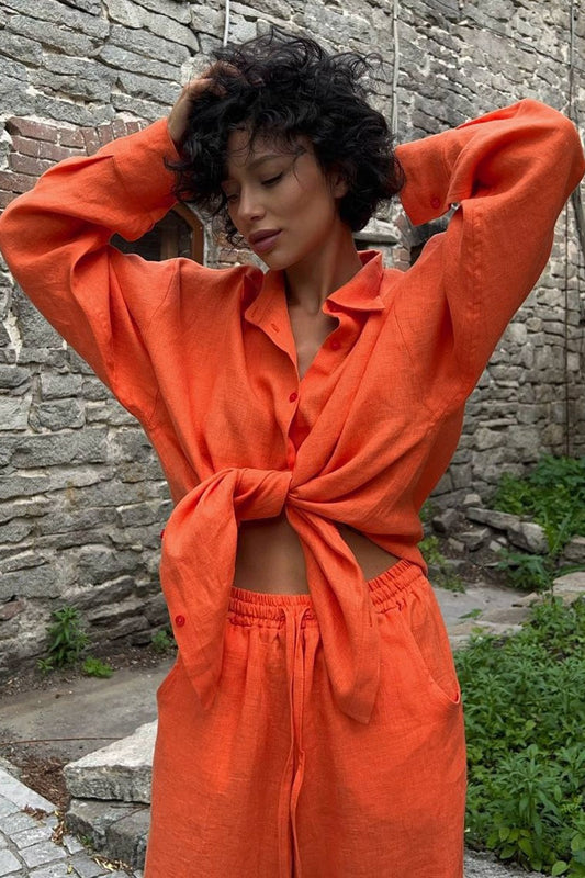 Oversized Cotton Shirt Wide Leg Pants Set