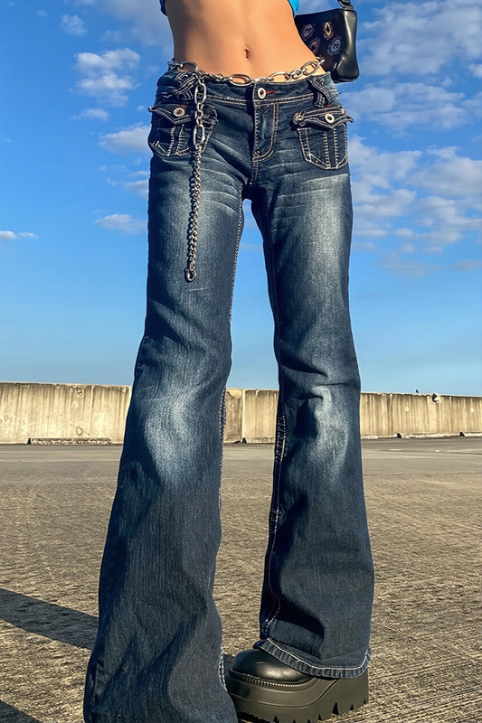 Low Waist Pocket Vintage Washed Jeans