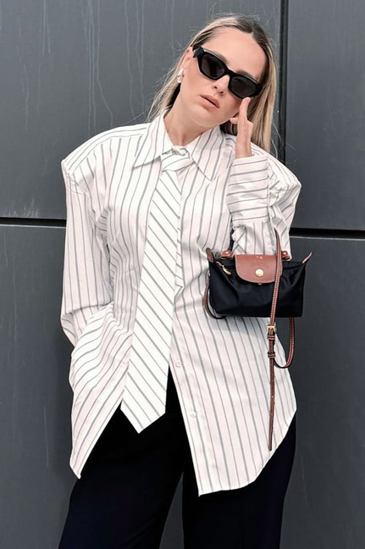 Striped Tie Shoulder Pad Smart Blouse