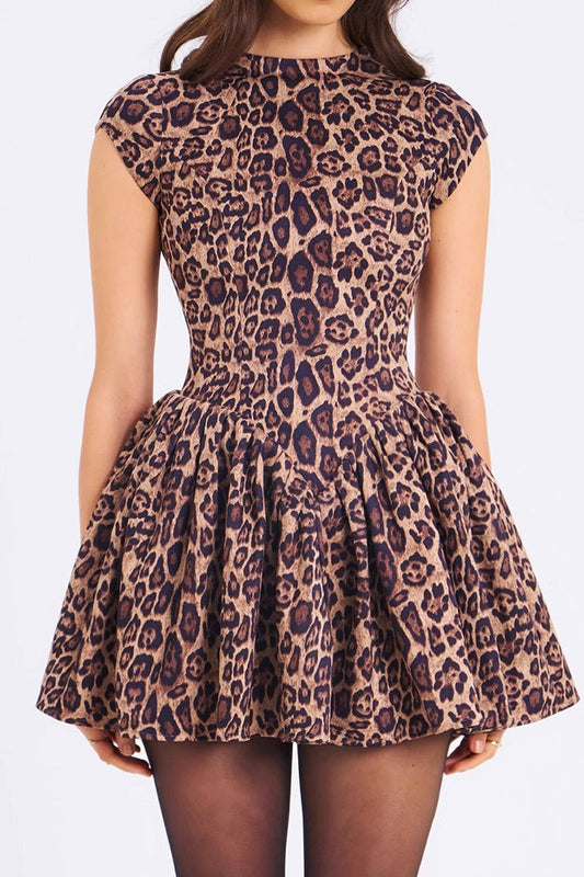 Leopard Pleated Backless Round Neck Mini Dress