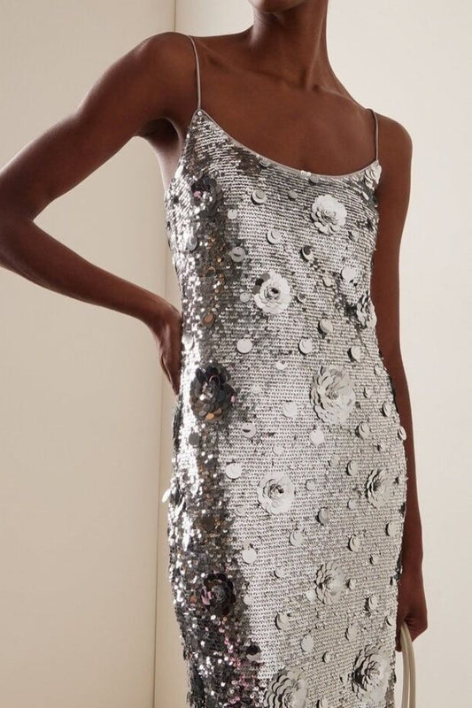 Silver Sequin 3D Flower Elegant Prom Dress