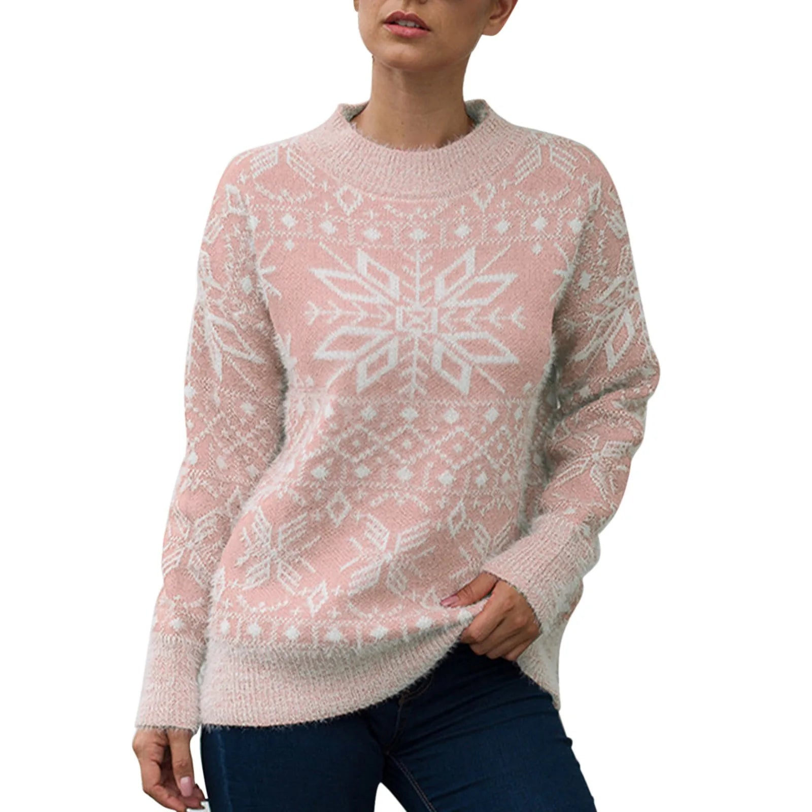 Round Neck Geometric Pattern Printed Xmas Christmas Party Green Sweater 2-Pink / S Sweaters-L