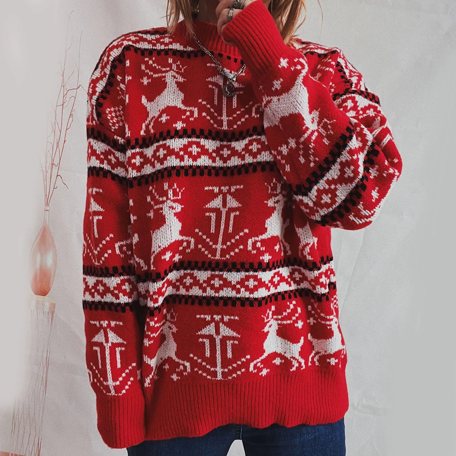 Funny Reindeer Printed Christmas Sweat Womens Sweater Sweaters-L