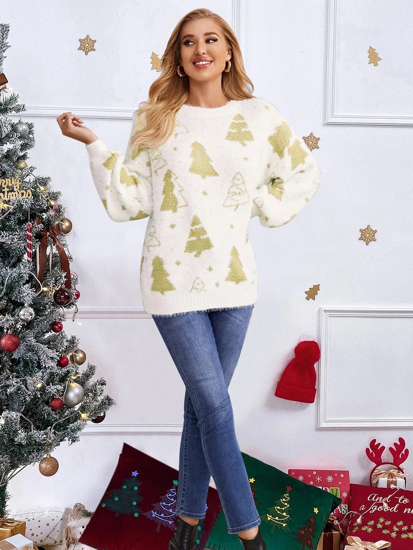 Multi-Color Christmas Tree Design Round Neck Loose Lazy Wind Sweater Sweaters-L
