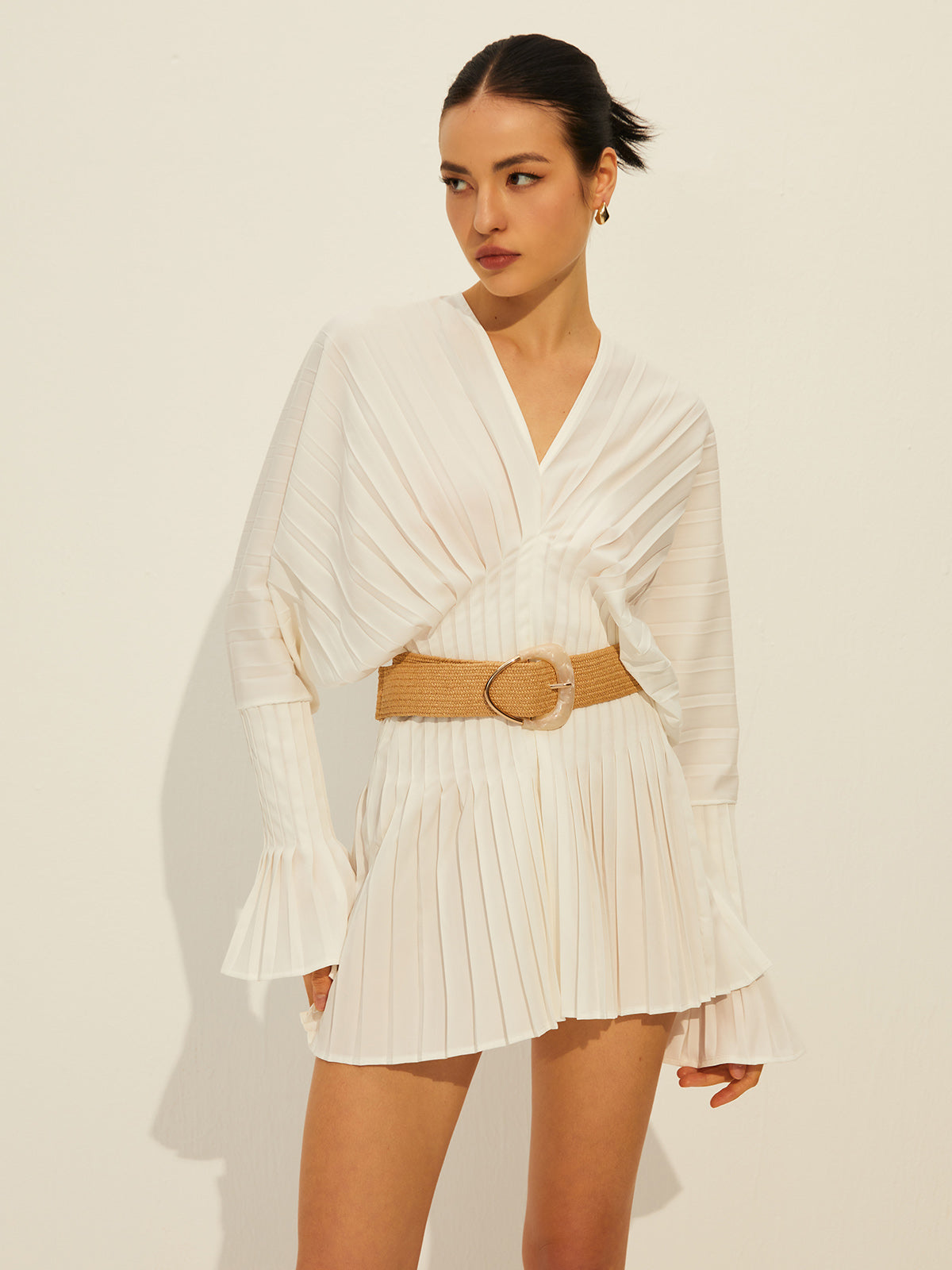 Pleated V Neck Long Sleeve Dress White / XS Dresses