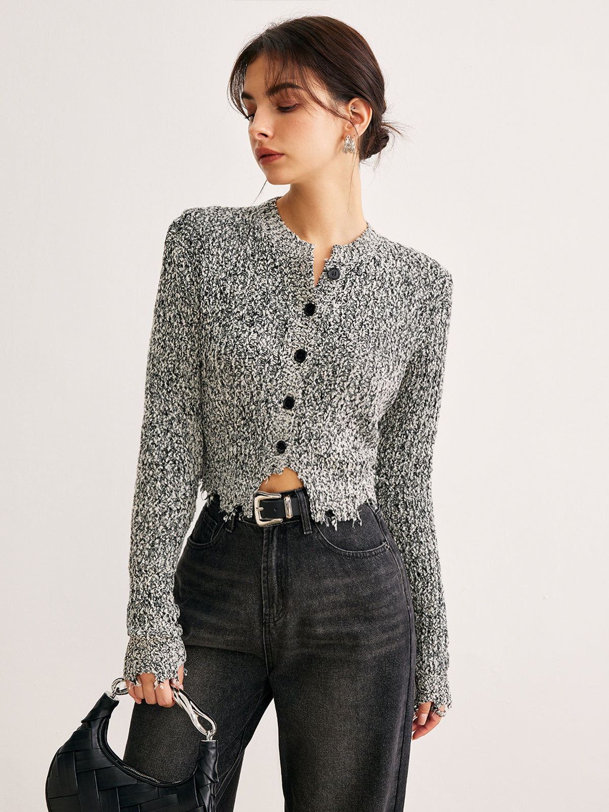 Raw Hem Button Slim Knit Top Knit Tops