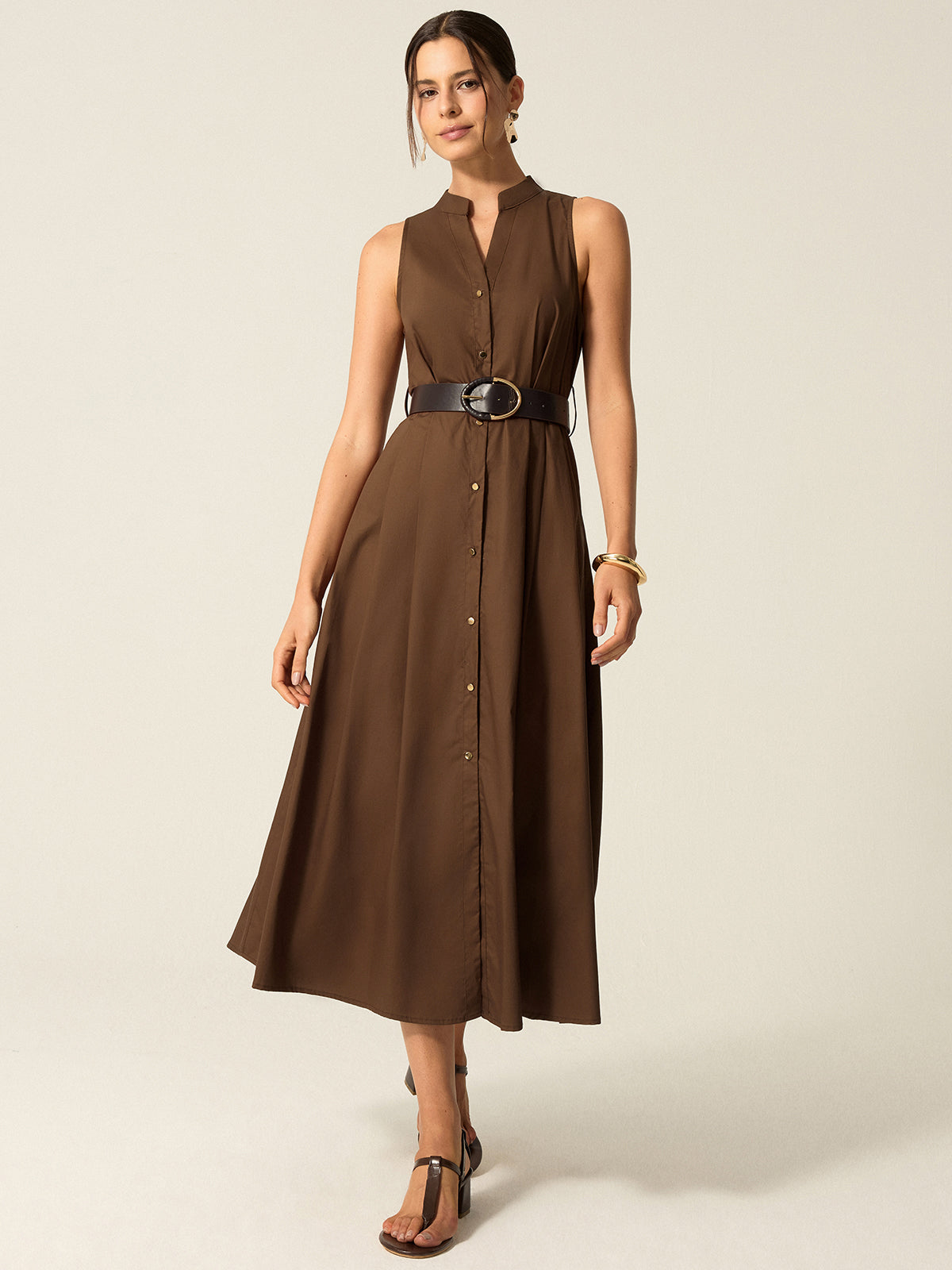 Belted Button Front Midi Dress Dark Brown / XS Dresses