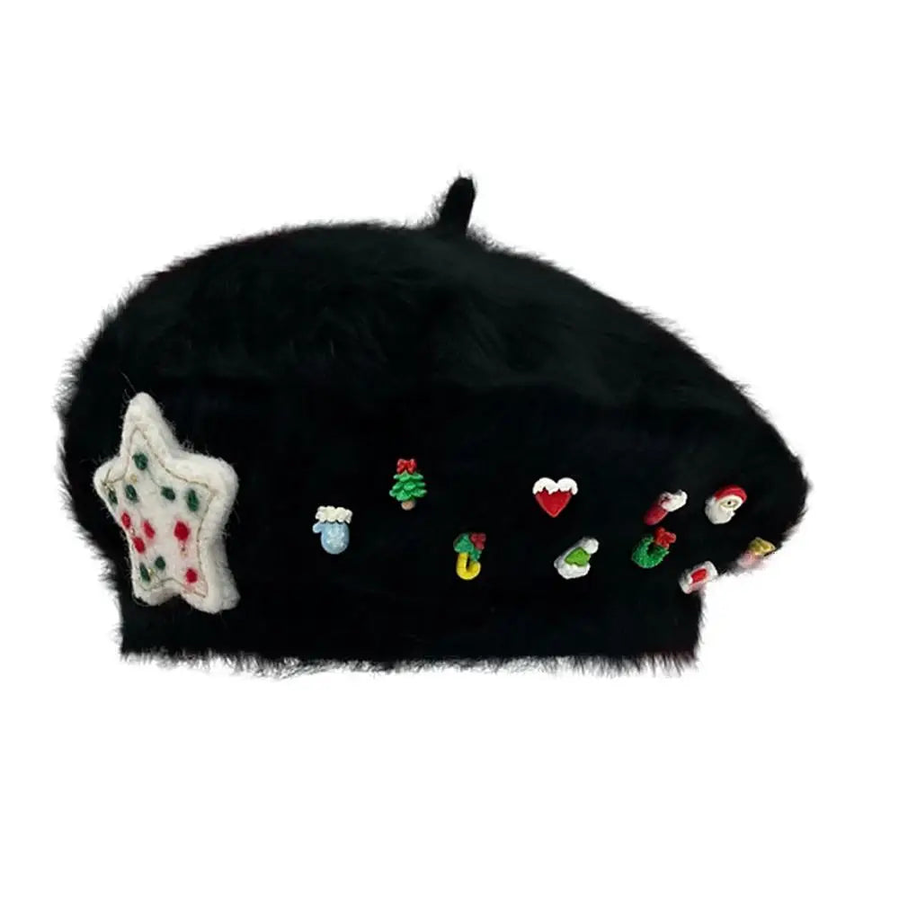 Cute Christmas French Holiday Beret Women Girls Hat Black Hat-L