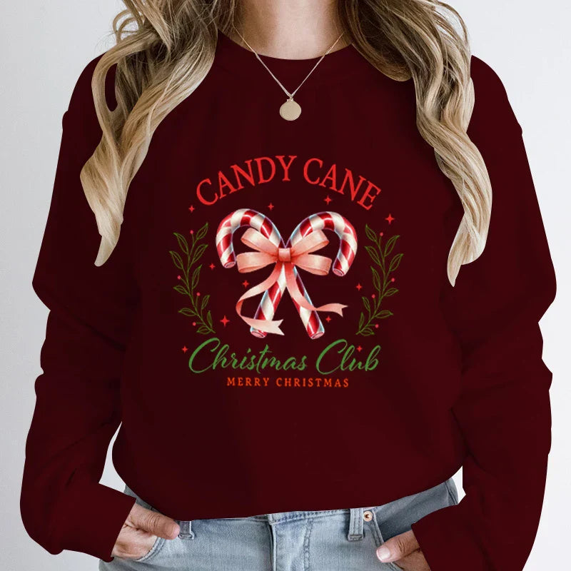 Merry Candy Cane Christmas Club Round Neck Hoodie Burgundy / S Hoodies-L