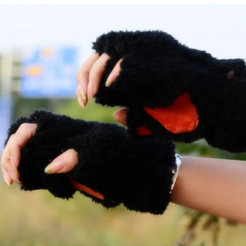 Cartoon Cat Girl Fluffy Bear Paw Winter Half Finger Christmas Gloves Gloves-L