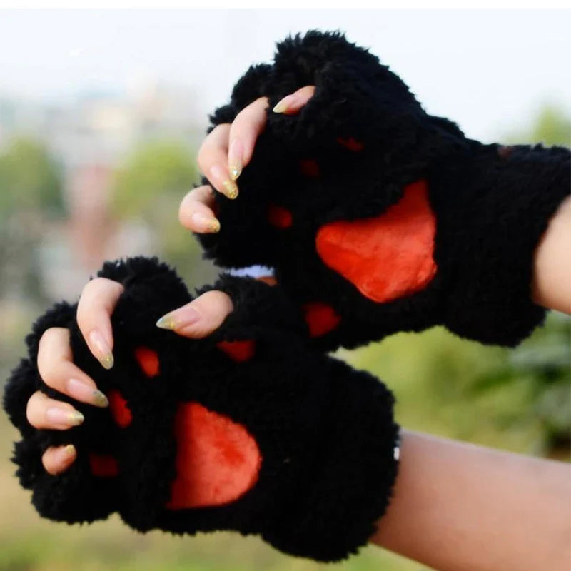 Cartoon Cat Girl Fluffy Bear Paw Winter Half Finger Christmas Gloves Gloves-L