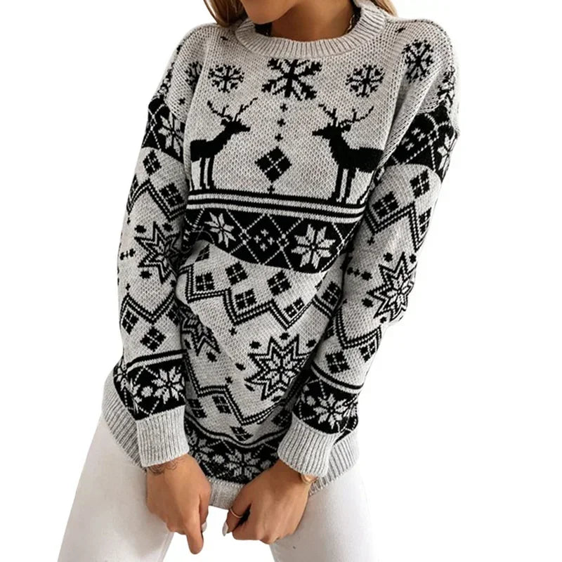 Deer Print Casual Loose Long Sleeve O Neck Warm Jacquard Knitwear Christmas Sweater Gray / S