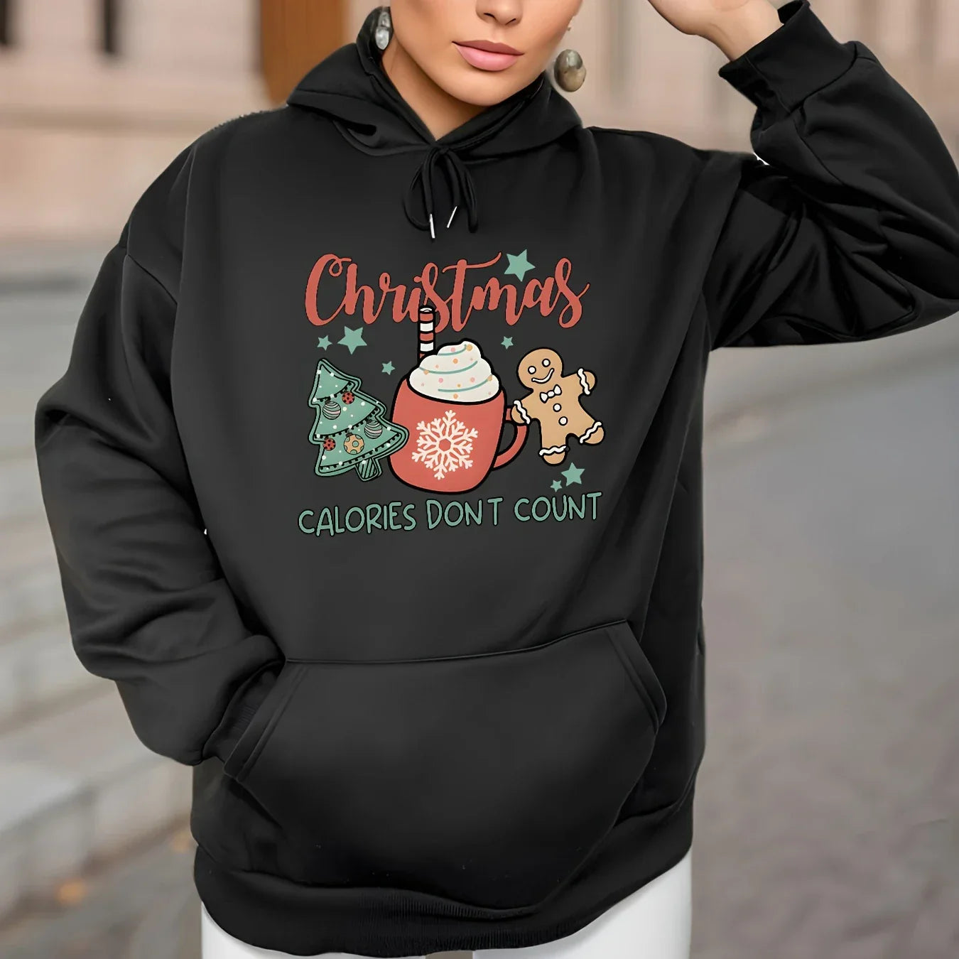 Fleece Lined Casual Drawstring Sports Christmas Tree Hoodie Hoodies-L