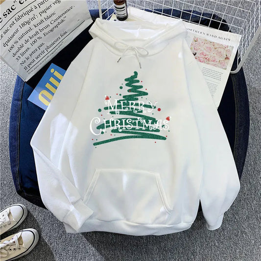 Sporty Printed Casual Long Sleeve Christmas Hoodie For Women White / S Hoodies-L