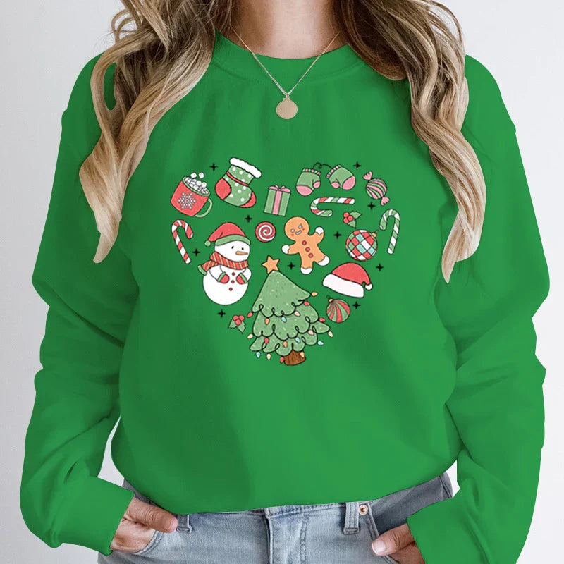 Cute Heart Tree Snowman Fashion Loose Round Neck Christmas Hoodie Green / S Hoodies-L