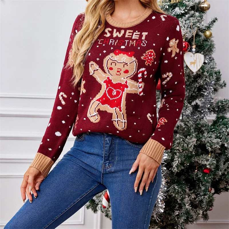 Loose Casual Christmas Print Warm Long Sleeve Knit Sweater Red 2 / S Sweaters-L