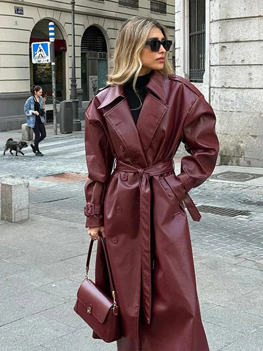 Retro Wine Red Double Breasted Coat Coats-241208