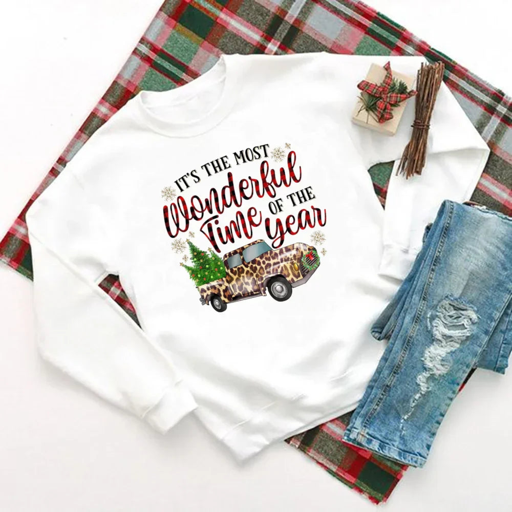 Wonderful Time Printed Party Holiday Sweater Xmas Outfit Christmas Hoodie White 3 / S Hoodies-L
