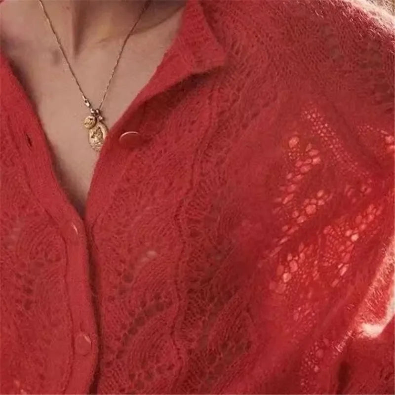 French Hollow Out Loose Red Mohair Cardigan Cardigan-241208
