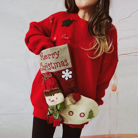 Loose Thickened Red Christmas Snowman Doll Pocket Sweater / S Sweaters-L