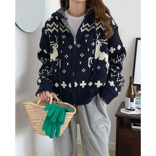 Vintage Hooded Jacquard Cardigan Navy Blue / One Size Cardigan-241208