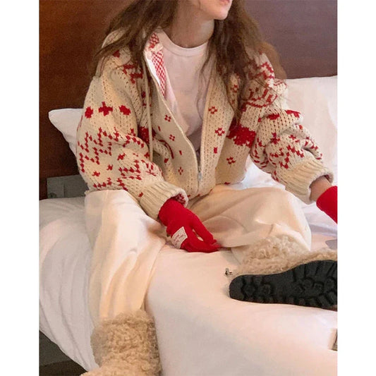 Vintage Hooded Jacquard Cardigan Cardigan-241208