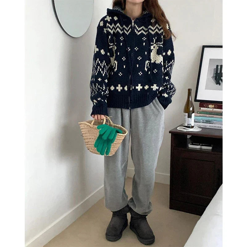 Vintage Hooded Jacquard Cardigan Cardigan-241208