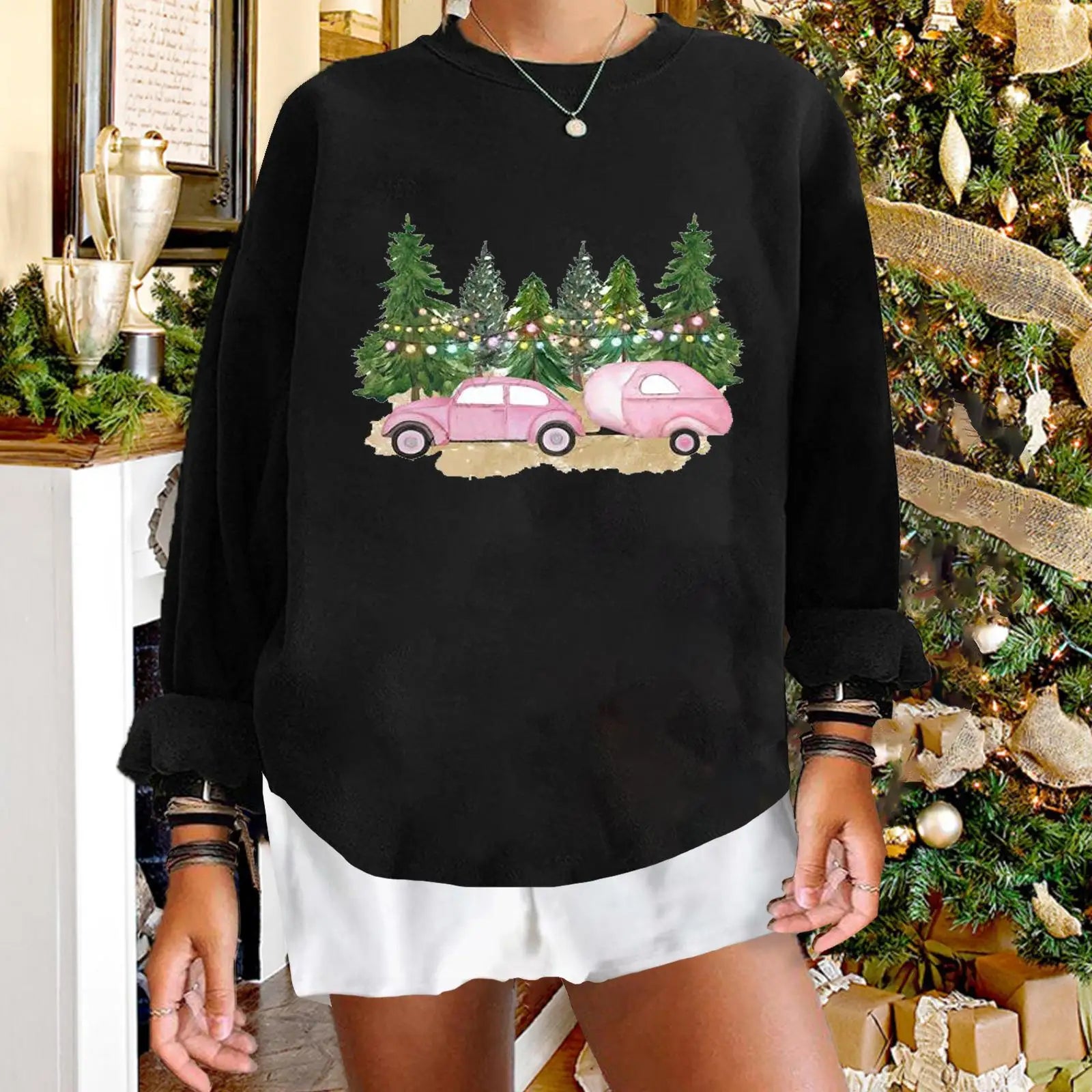 Grid Pattern Cartoon Winter Warm Hooded Crewneck Christmas Hoodie Black3 / S Hoodies-L