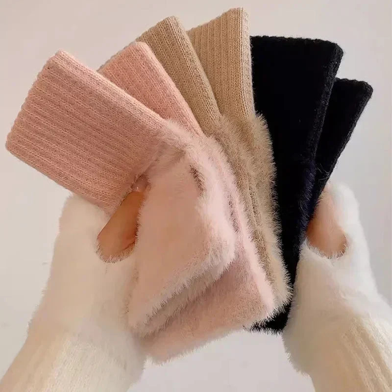 Luxury White Plush Knitted Fingerless Winter Writing Christmas Glove Gloves-L