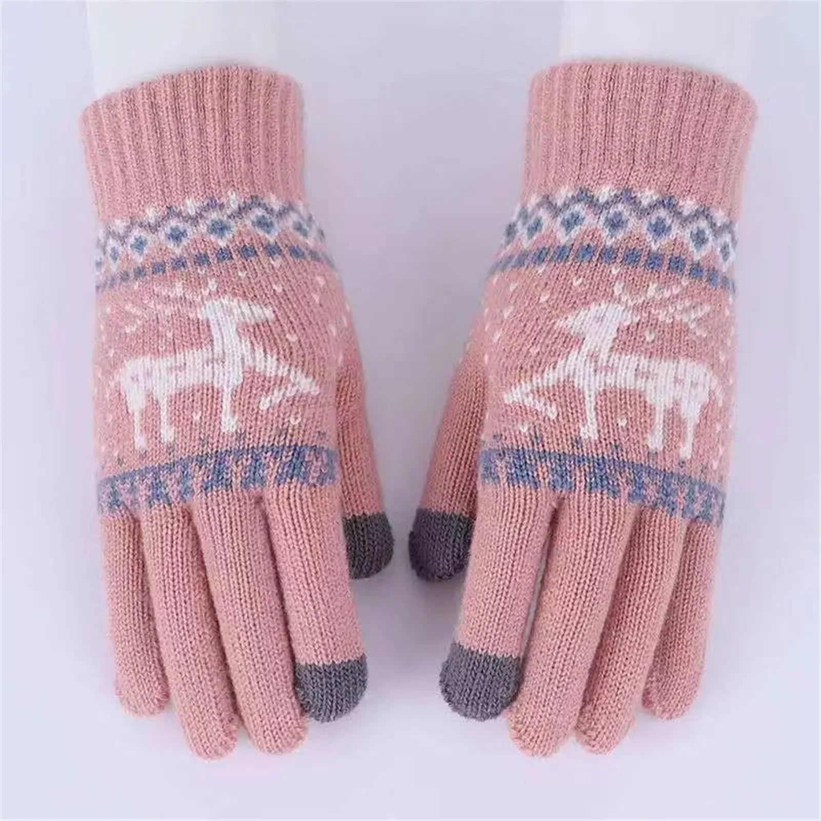 Plush Winter Warm Cycling Anti-Cold Christmas Deer Knitted Touchscreen Gloves Pink / One Size