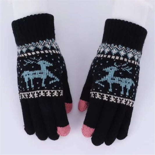 Plush Winter Warm Cycling Anti-Cold Christmas Deer Knitted Touchscreen Gloves Black / One Size