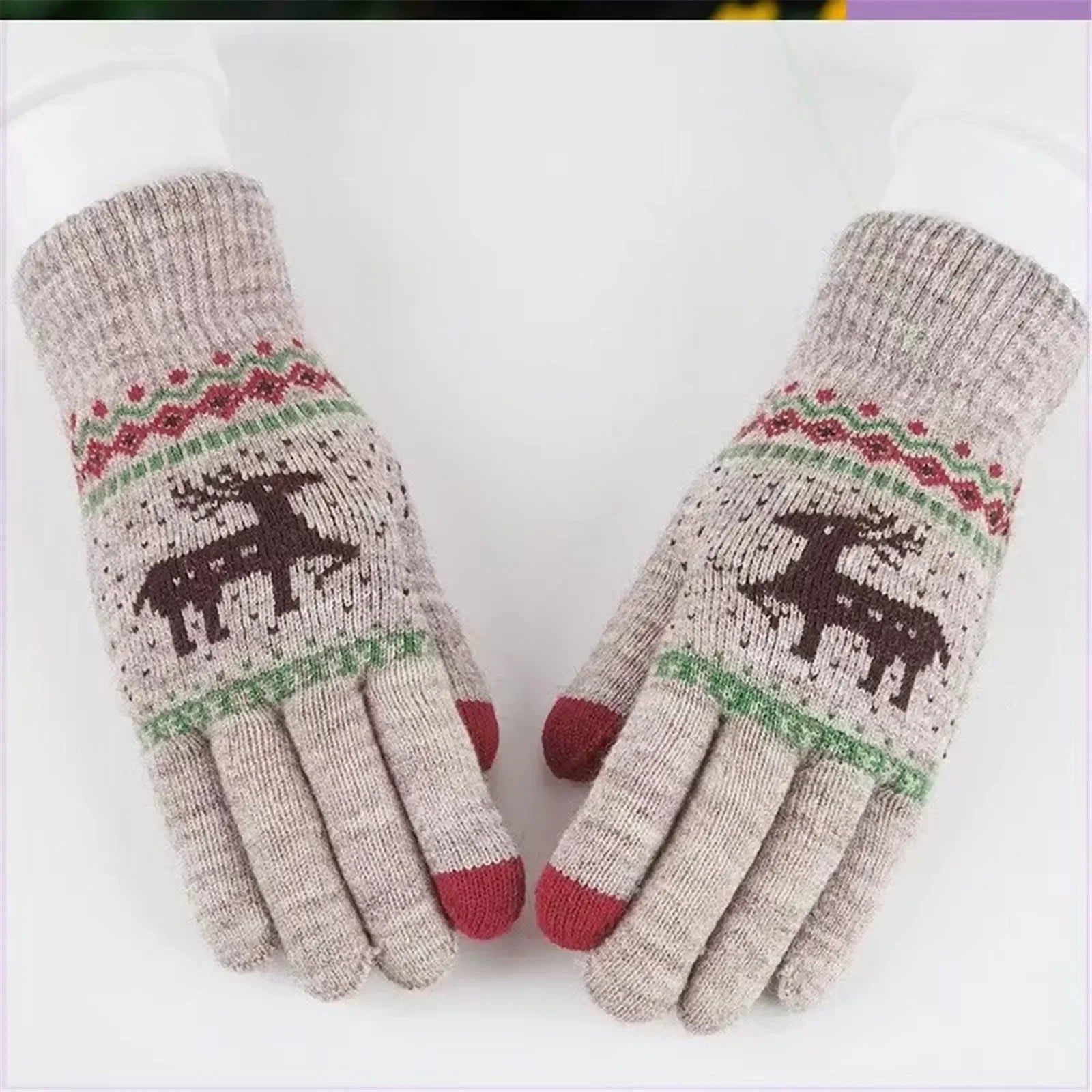 Plush Winter Warm Cycling Anti-Cold Christmas Deer Knitted Touchscreen Gloves Beige / One Size