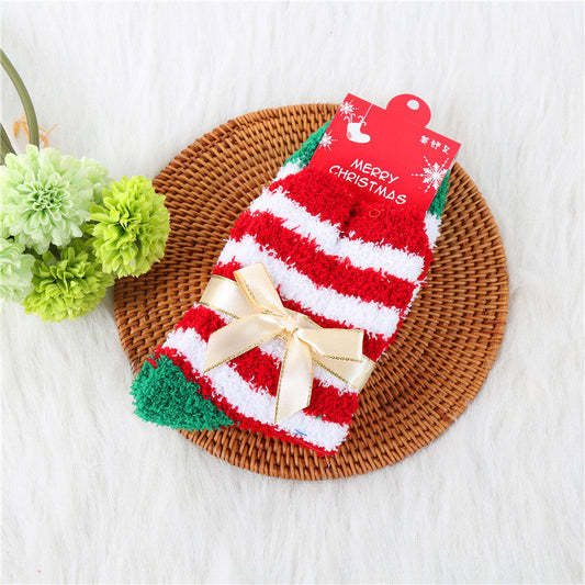 Coral Fleece Thick Bow Santa Tree Elk Christmas Socks