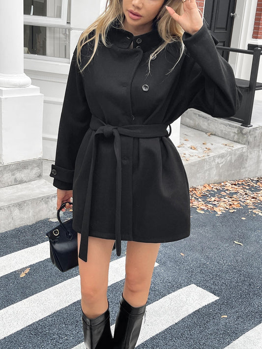 Elegant Solid Color Belted Wool Blend Coat