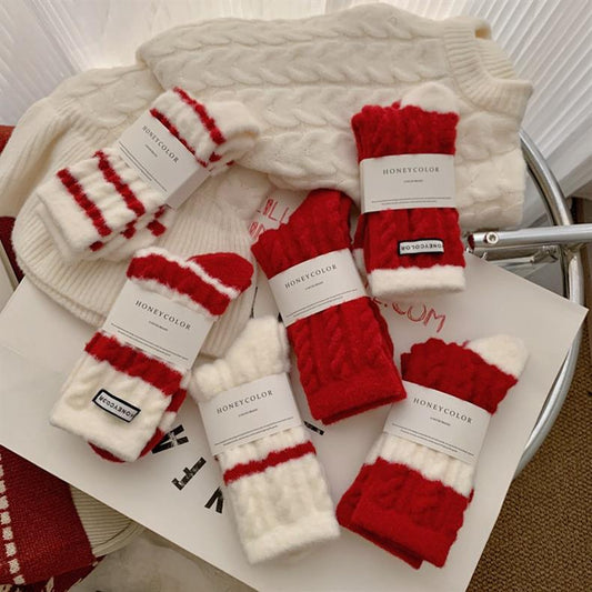 Red Striped Cashmere Blend Warm Mid Calf Christmas Socks