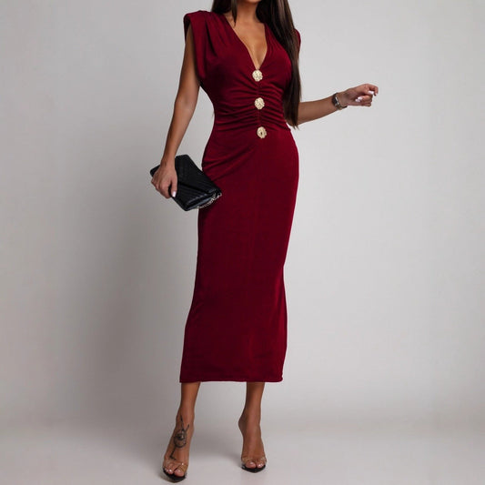 Deep V Button Front Sleeveless Midi Dress