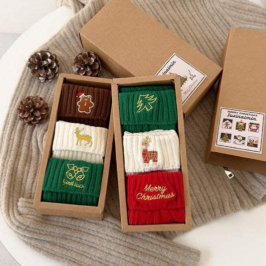 Cotton Embroidered Cartoon Cute Mid Calf Christmas Socks