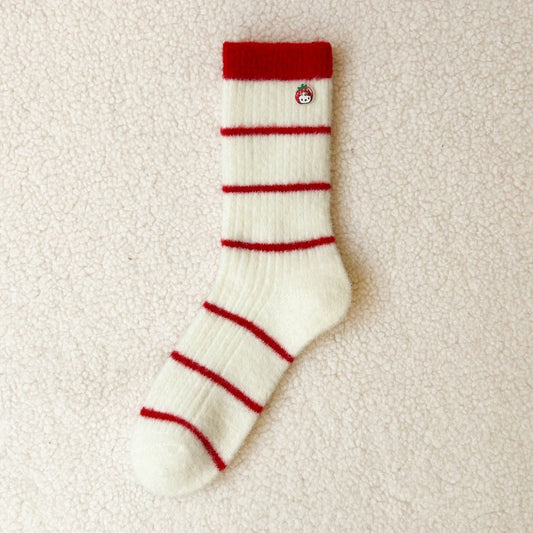 Embroidered Red Mid Calf Coral Fleece Cozy Christmas Socks