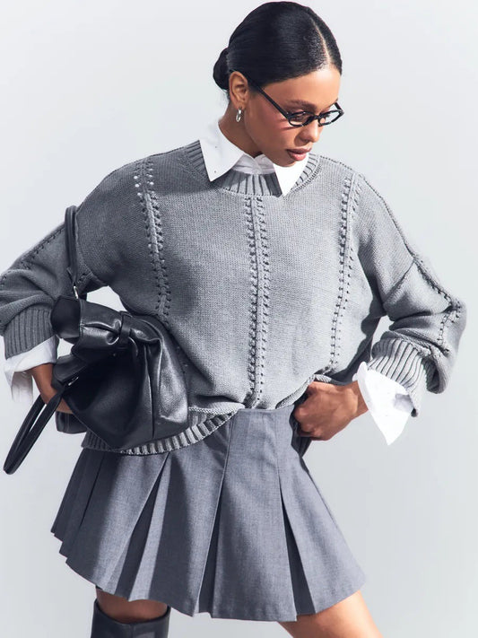 Casual Hollow Knit Crewneck Sweater