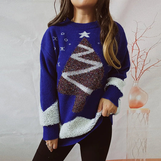 Tree Gold Thread Flocked Round Neck Long Sleeved Loose Knit Pullover Christmas Sweater Blue / S