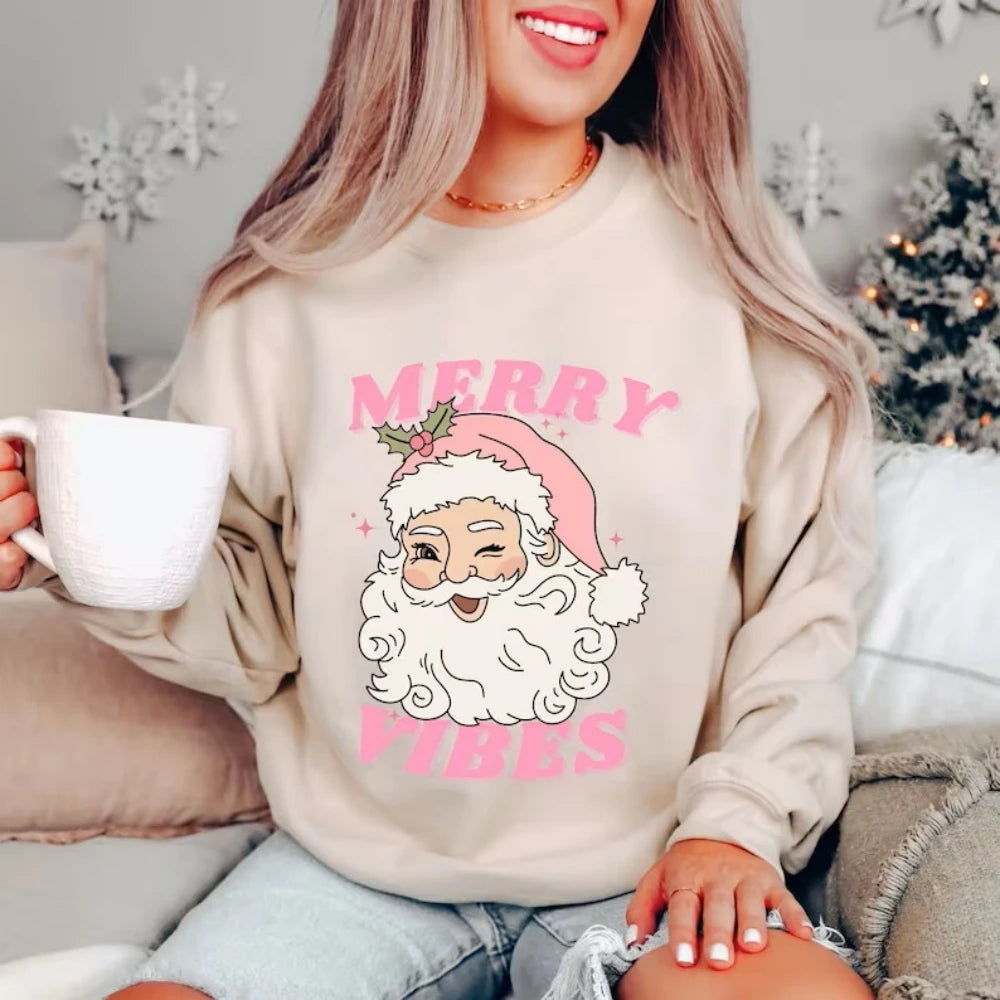 Pink Holiday Merry Vibes Cute Funny Kawaii Xmas Santa Christmas Hoodie Beige / S Hoodies-L