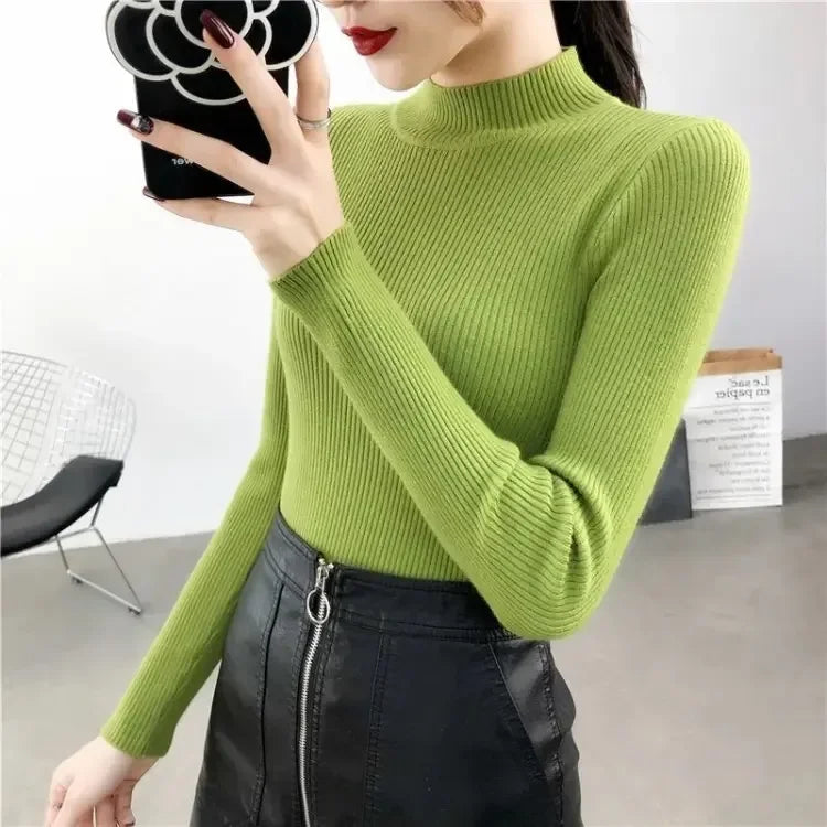 Slim Fit Stand Collar Long Sleeve Basic Knitted Christmas Sweater Green / S Sweaters-L
