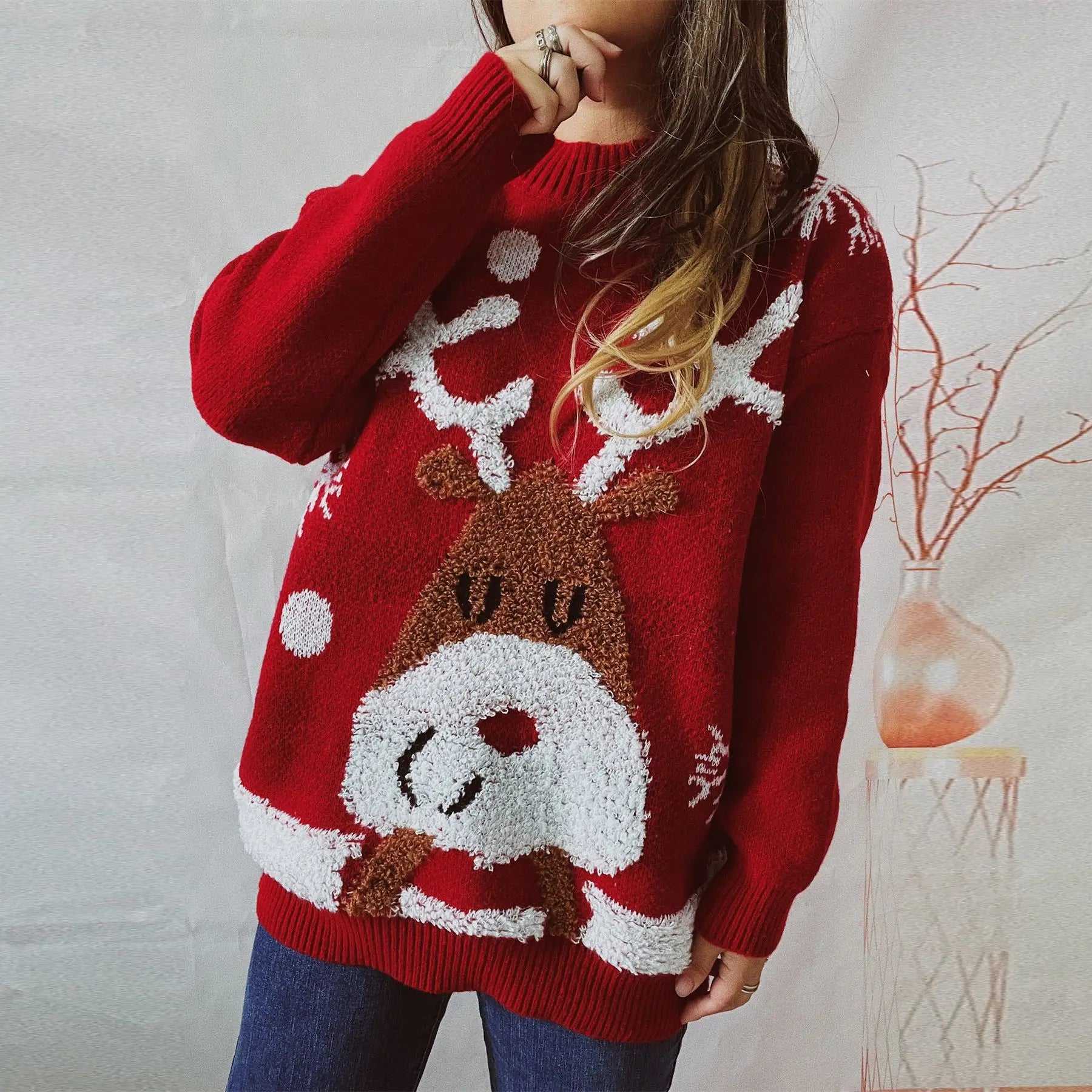 Fashion Casual Thickened Raglan Sleeve Elk Christmas Tree Sweater Sweaters-L