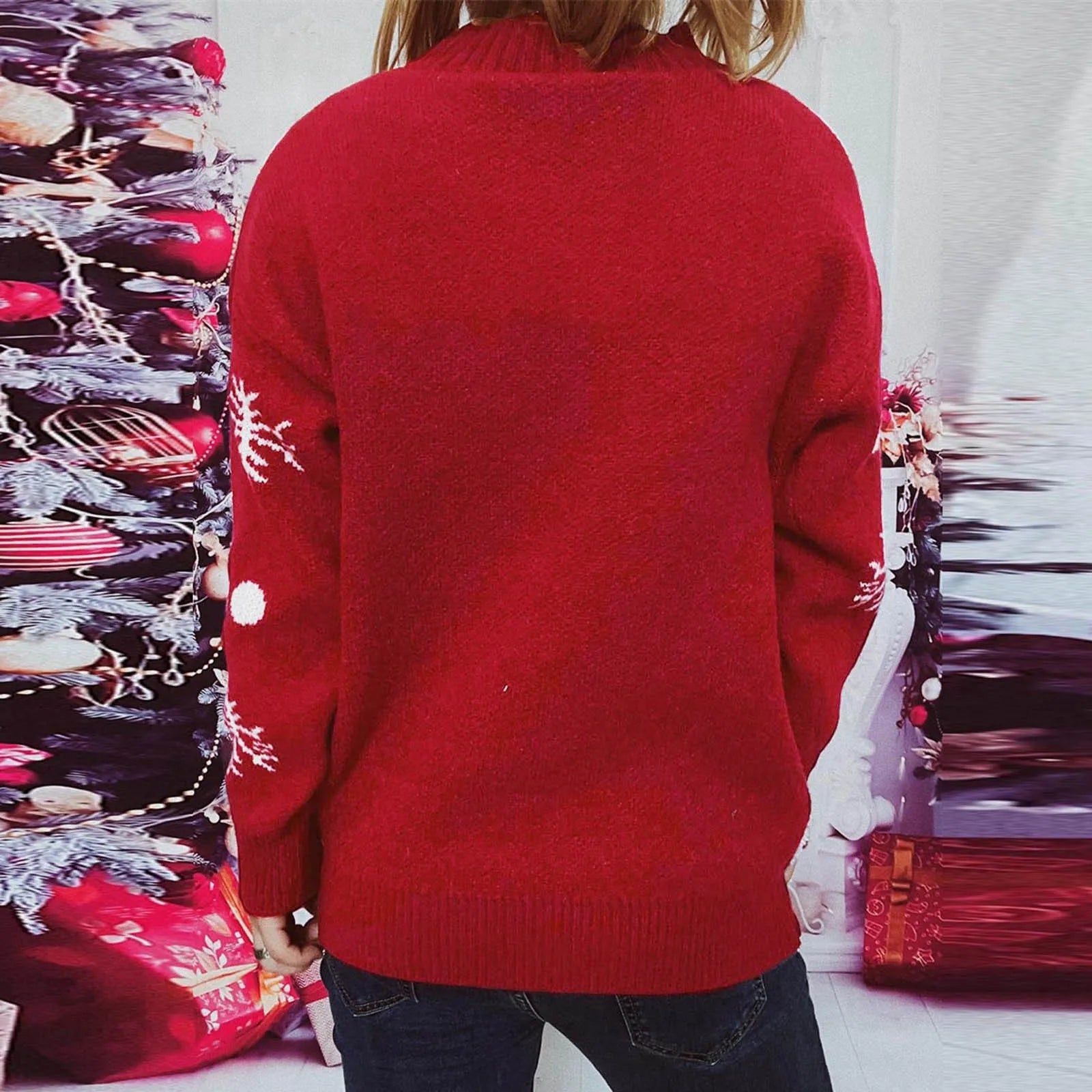 Casual Loose Neck Love Heart Pattern Pink Christmas Sweater Sweaters-L