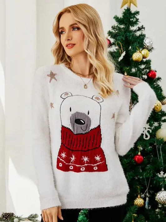 Ugly Christmas Cartoon Bear Embroidery Holiday Autumn Winter Sweater White / S Sweaters-L
