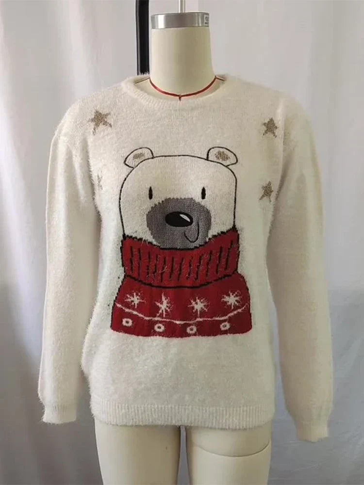 Ugly Christmas Cartoon Bear Embroidery Holiday Autumn Winter Sweater Sweaters-L