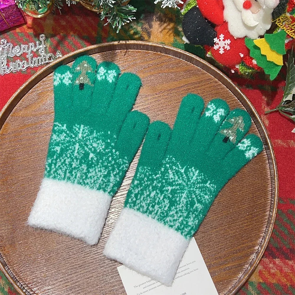 Cashmere Christmas Tree Knit Skiing Full Finger Plush Gloves Green / One Size Gloves-L